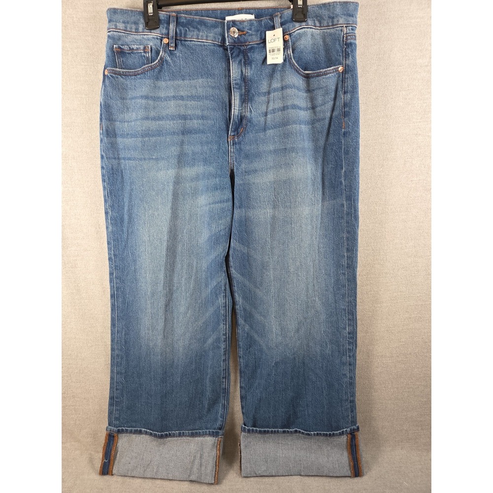 LOFT The Wide Leg Crop Jeans Womens 32 High Rise Stretch Cuffed Whiskers NEW‎